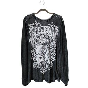 AFFLICTION Skull graphic‎ Henley knit long sleeve raw edge reversible top grey